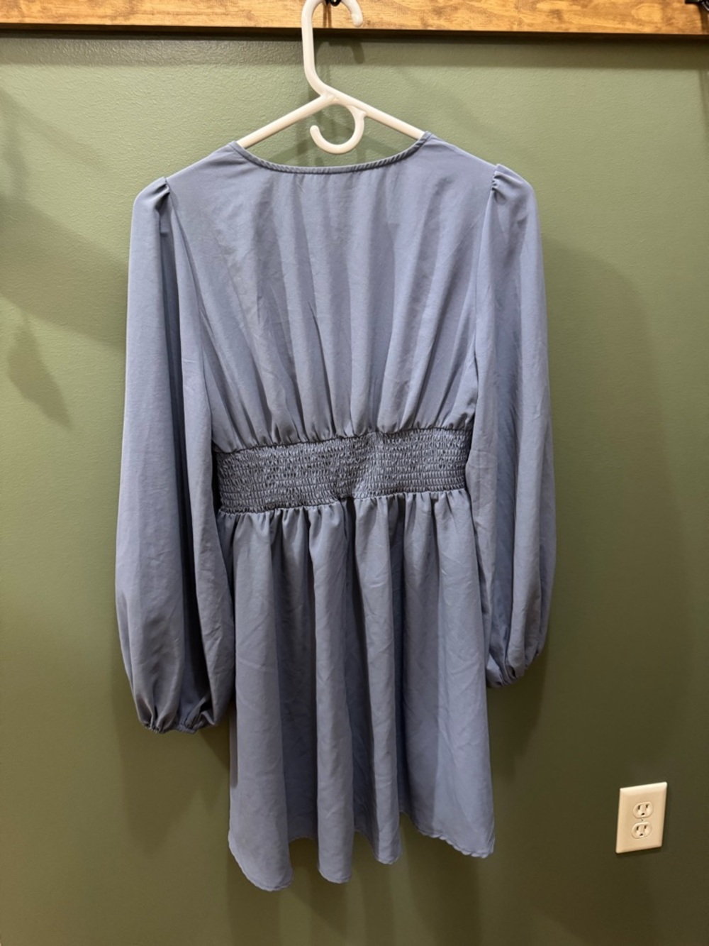 SHEIN Dusty Blue V-Neck Long Sleeve Mini Dress - Picture 3 of 6